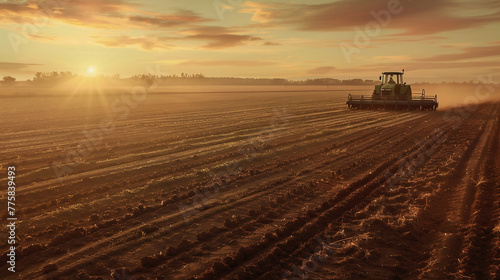 Harvesting corn in the middle of an open field with a green harvester working on it. Harvester harvesting photo
