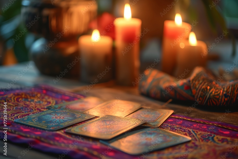 Tarot cards on a table with blurred candlelights background Tarot cards on a table with blurred candlelights background