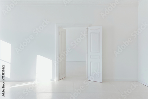 white wall with open white door, front view of indoor empty apartament (4)