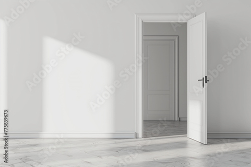 white wall with open white door, front view of indoor empty apartament (1) photo