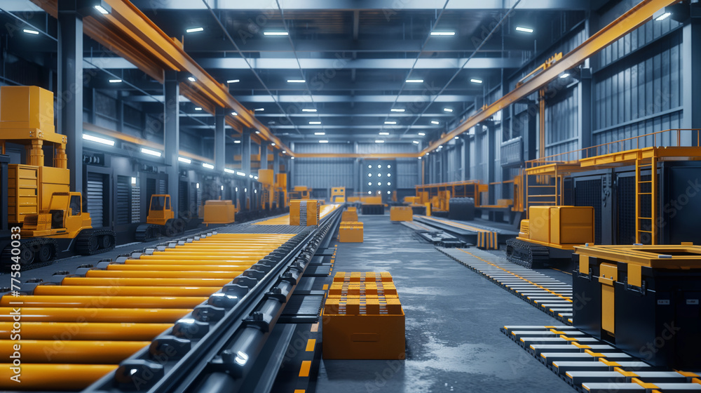 A glimpse inside a modern industrial manufacturing plant featuring an assembly line space with a visible conveyor system A glimpse inside a modern industrial manufacturing plant featuring an assembly line space with a visible conveyor system