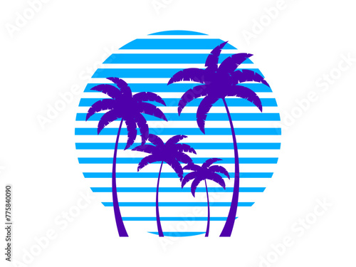 Outlines of palm trees and retro sun in 80s style isolated on white background. Tropical banner with palm trees for print advertising banners and posters. Vector illustration