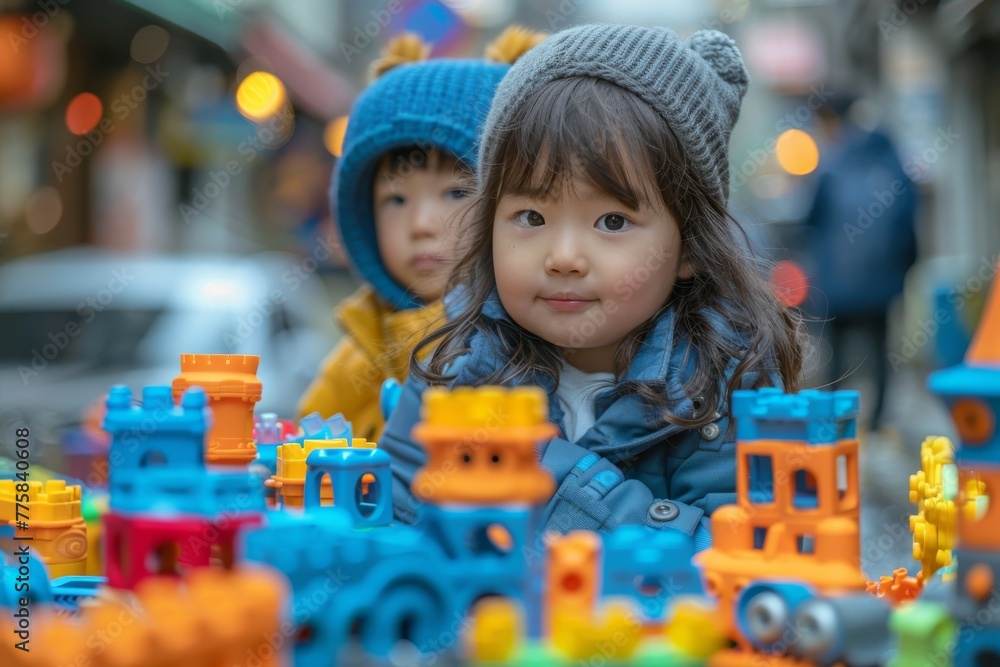 A joyful little Asian child delights in playing with a vibrant array of colorful block toys, creating a bustling town scene with boundless happiness. Generative AI. A joyful little Asian child delights in playing with a vibrant array of colorful block toys, creating a bustling town scene with boundless happiness. Generative AI.