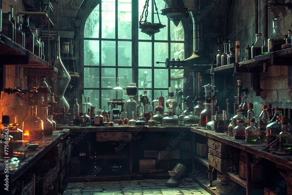 Fototapeta premium Cluttered Wizard laboratory. Magic lab ancient. Generate Ai