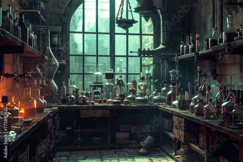 Cluttered Wizard laboratory. Magic lab ancient. Generate Ai © anatolir
