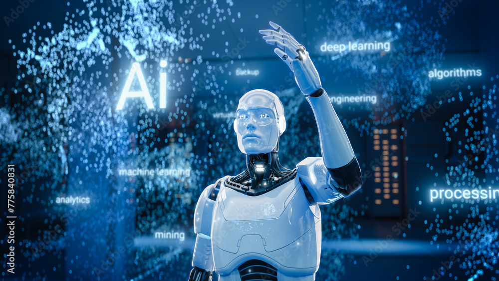 3D Render of Artificial Intelligence Robot Activating Future AI Application. Humanoid Works with Online Information, Cloud Computing, Neural Big Data, Machine Learning Technology. 3D VFX