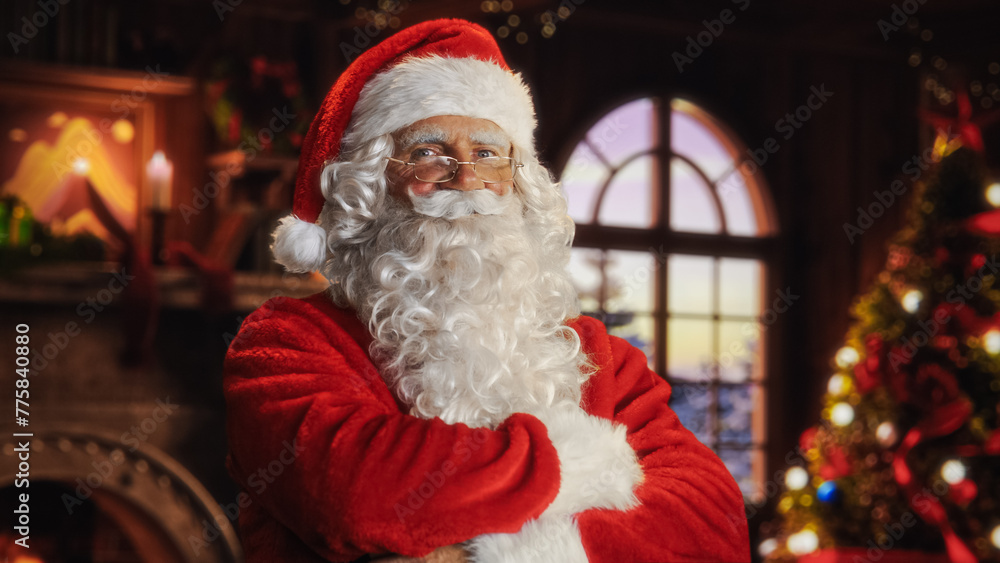 Portrait of Santa Claus Standing in a Festive Cozy Home with Fireplace, Decorations, Snow Falling Outside, Christmas Tree. Santa Looking at Camera, Smiling and Winking. Winter Holiday Celebrations Portrait of Santa Claus Standing in a Festive Cozy Home with Fireplace, Decorations, Snow Falling Outside, Christmas Tree. Santa Looking at Camera, Smiling and Winking. Winter Holiday Celebrations