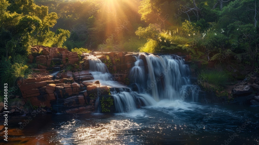 a beautiful large waterfall flows into the river at sunrise