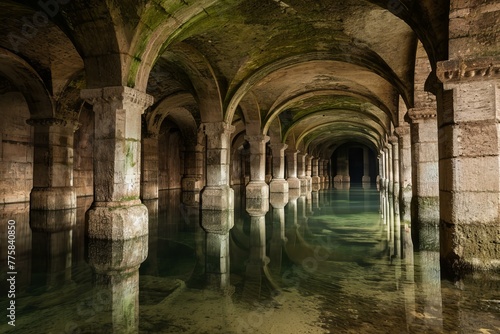 Monumentous Ancient cistern ruins. History palace water. Generate Ai