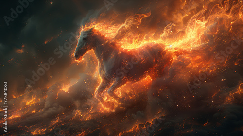 Through the veil of darkness, a fiery steed gallops across a surreal dreamscape, its flames illuminating the path to unknown realms-4
