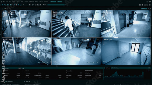 Bild auf Leinwand Surveillance Camera CCTV Footage, Multiple Screens Show Inside Building, Unrecignizible People Walk