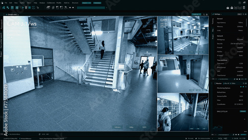 Fotografie Surveillance Camera CCTV Footage, Multiple Screens Show Inside Building, Unrecignizible People Walk