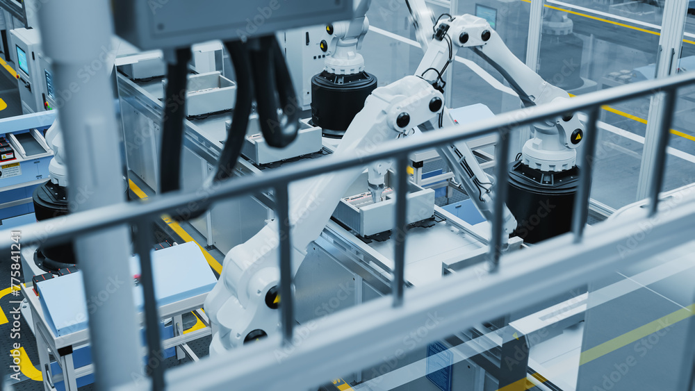 3D Render of Electronics Factory: Automated Robot Arm Assembly Line Manufacturing Advanced Electronic Components for Different Industries. High Angle Overview of an Operating Conveyor Line Production