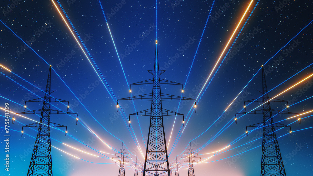 Fototapeta premium 3D Render Of Power Transmission Lines with 3D Digital Visualization of Electricity. Fantastic Visuals of Night Sky Full of Bright Stars. Concept of Renewable Green Energy Powering Human Progress.
