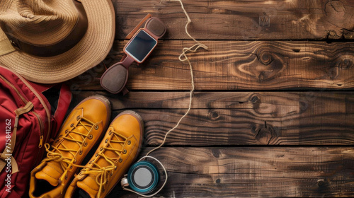 A pair of yellow hiking boots and a brown hat are on a wooden table. A backpack is also on the table