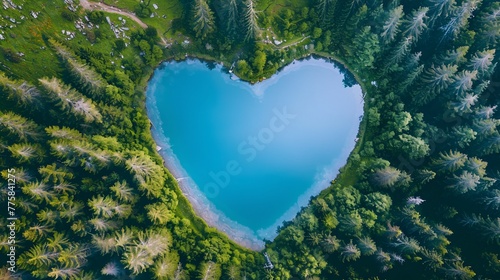 Earth day concept. Heart shape lake surrounded by forest
