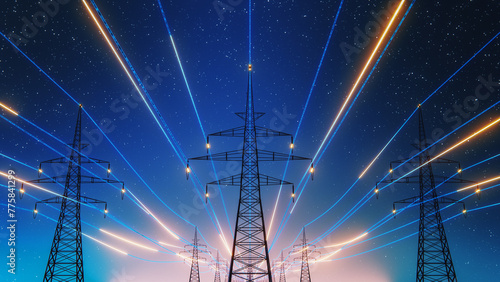 3D Render Of Power Transmission Lines with 3D Digital Visualization of Electricity. Fantastic Visuals of Night Sky Full of Bright Stars. Concept of Renewable Green Energy Powering Human Progress.