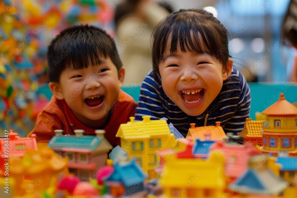 A joyful little Asian child delights in playing with a vibrant array of colorful block toys, creating a bustling town scene with boundless happiness. Generative AI. A joyful little Asian child delights in playing with a vibrant array of colorful block toys, creating a bustling town scene with boundless happiness. Generative AI.