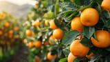 Ripe Oranges Hanging on Sunlit Trees
