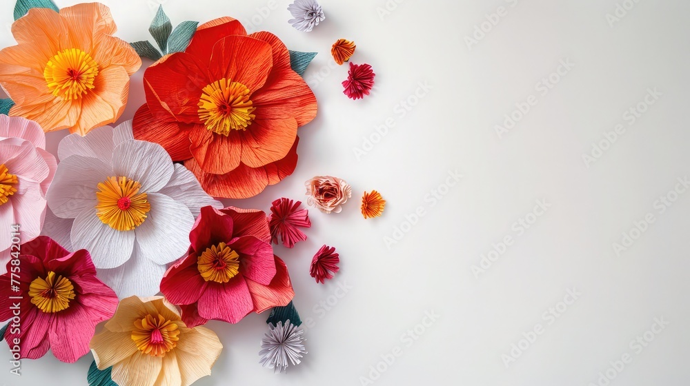 Colorful handmade flowers on a white background with copy space. Crepe paper. Master Class.birthday and Mother's Day. Decor for the holiday, flower background - obrazy, fototapety, plakaty 