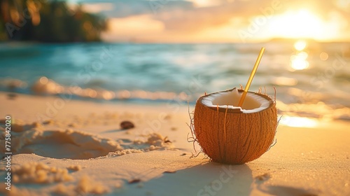 Beachside bliss with fresh coconut and straw