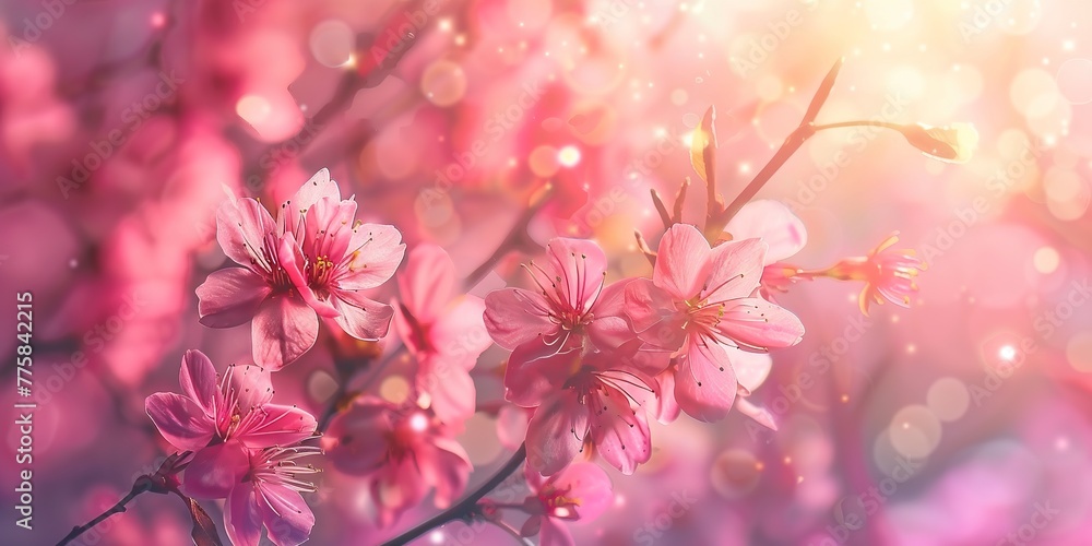 Cherry blossoms in full bloom, soft focus, panoramic view for spring banner