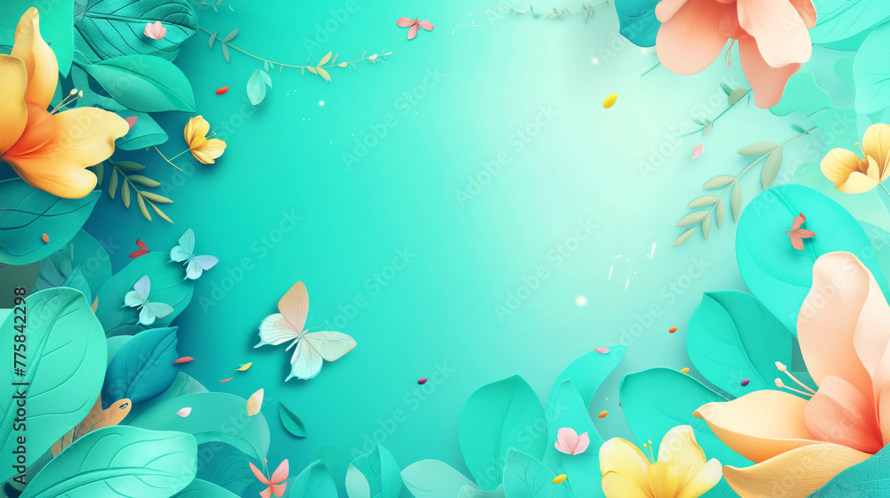 A cyan-colored abstract floral background with a blank space in the center, is ideal for graphic design projects