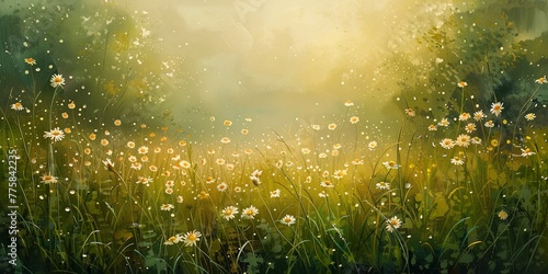 Fresh spring meadow, sunrise lighting, wide frame, dew on grass © Thanthara