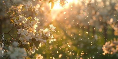 Blossoming apple orchard, golden hour light, frame filled with flowers 