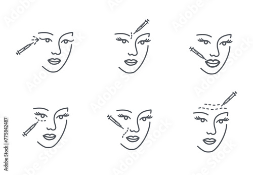 Facial Woman Beauty Procedure Line Icon. Injection  Linear Pictogram. Girl Face Skin Care Outline Icon. Editable Stroke. Isolated Vector. Female face, beauty injection, syringe. Cosmetology, medicine.