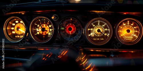 Dashboard gauges lit up at night, close-up, the heartbeat of the road trip 