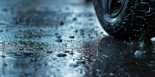 Tire on wet asphalt, close-up, grip and texture, the dance with the rain 