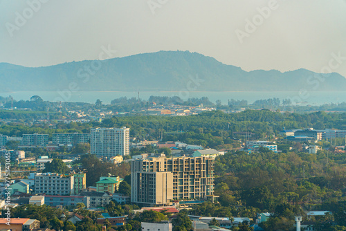 Khao Rang Phuket City View Point which shows the beauty of Phuket City, Thailand from the top of the hill. landscape from the View point showing the beauty of Phuket city, rows of hills and coastline