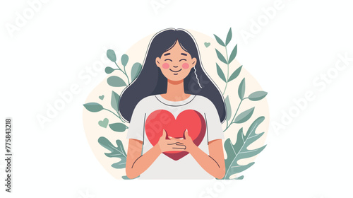 Young woman holding red heart in hands. Girl with happy 