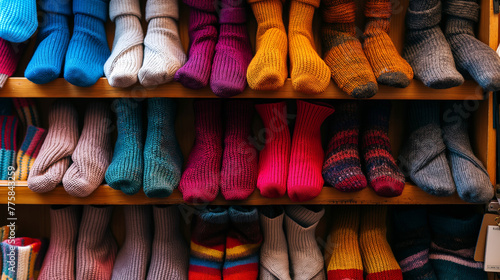 Various woolenwear items such as socks, caps, scarves, mufflers, sweaters, and cardigans neatly stacked for sale in a department store, showcasing the winter fashion collection photo