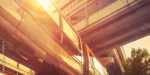 Monorail gliding above, close-up on the rail, futuristic urban transport, midday sun
