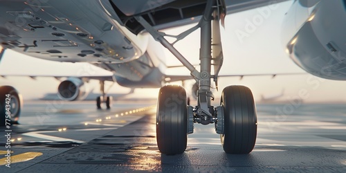 Commercial airliner landing gear touchdown, close-up, moment of arrival 