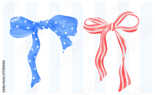 Coquette 4th of July stars and stripes ribbon Bows Watercolor vector illustration.