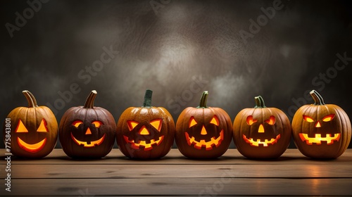 A collection of jack-o'-lanterns arranged in a row, each with its own personality and expression, creating a festive Halloween atmosphere