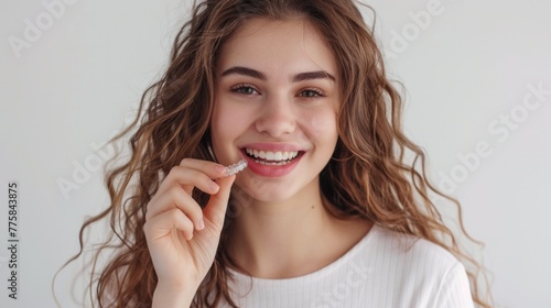 Happy woman hand hold Invisalign braces, transparent aligner, invisible retainer or orthodontic silicone trainer on white background. A way to have a beautiful smile.
