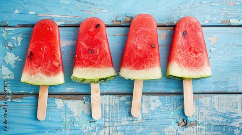 Natural Ice juice. Watermelon slice popsicles on a blue rustic wood background. 