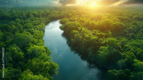 A Picturesque Lush Green Forest with a Crystal-Clear River