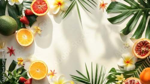 Summer tropical background with a space for a text, various fruits, green leaves and flowers arranged in a way that light shadows are fallen on the background surface, helping to keep some sum