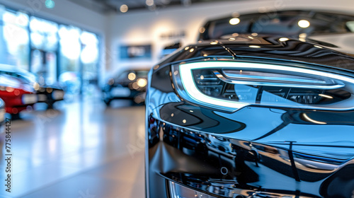 Sleek Showroom Elegance. A close-up view of a modern car’s headlight and glossy black exterior, displayed in a bright and spacious vehicle showroom. photo