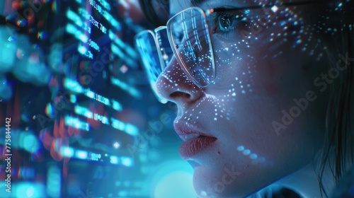 Software, data hologram and woman with code analytics, information technology and gdpr overlay. Programmer coding or IT person in glasses reading html script, programming and cyber security research photo