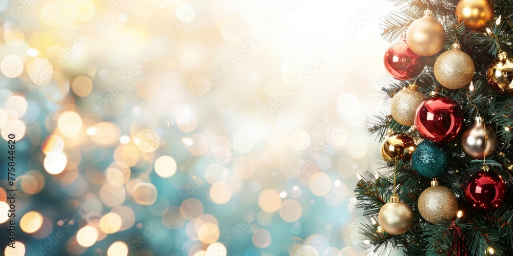 A detailed view of a decorated Christmas tree with colorful ornaments and festive decorations