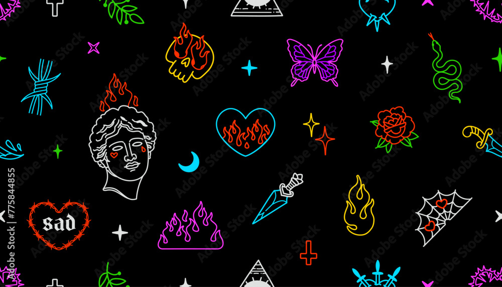 Colorful retro tattoo vs Y2k gothic tattoo elements background. Traditional tattoo and Aesthetic 2000s gothic opium set of butterfly, cross, fire, flamed heart, rose and more. Vector seamless pattern - obrazy, fototapety, plakaty 