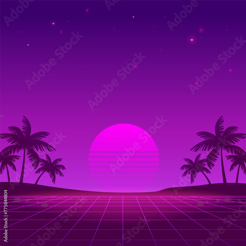 Retrowave futuristic abstract landscape with purple grid background of glowy sunset and palms silhouette on the neon beach - square vector dsgn for Synthwave music and poster party banner design