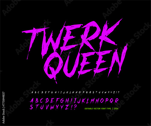 Twerk Queen - grunge style letterng collection with pink vector font type alphabet for tee prints, music, dancing channels cover design in impression style