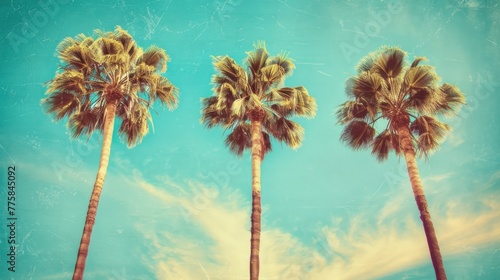 Looking up and see lush green palm fronds and bright blue sky, welcome on vacation! Palm trees at tropical coast against blue sky, vintage toned and stylized, coconut tree, summer tree, retro. photo